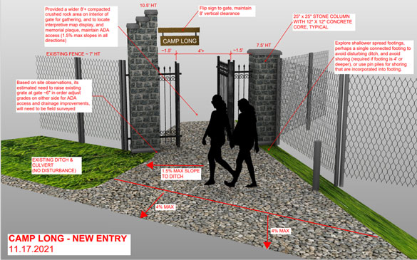 Thumbnail image of concept illustration for construction of new entry gateway at Camp Long with notes and dimensions. Larger version available from link.
