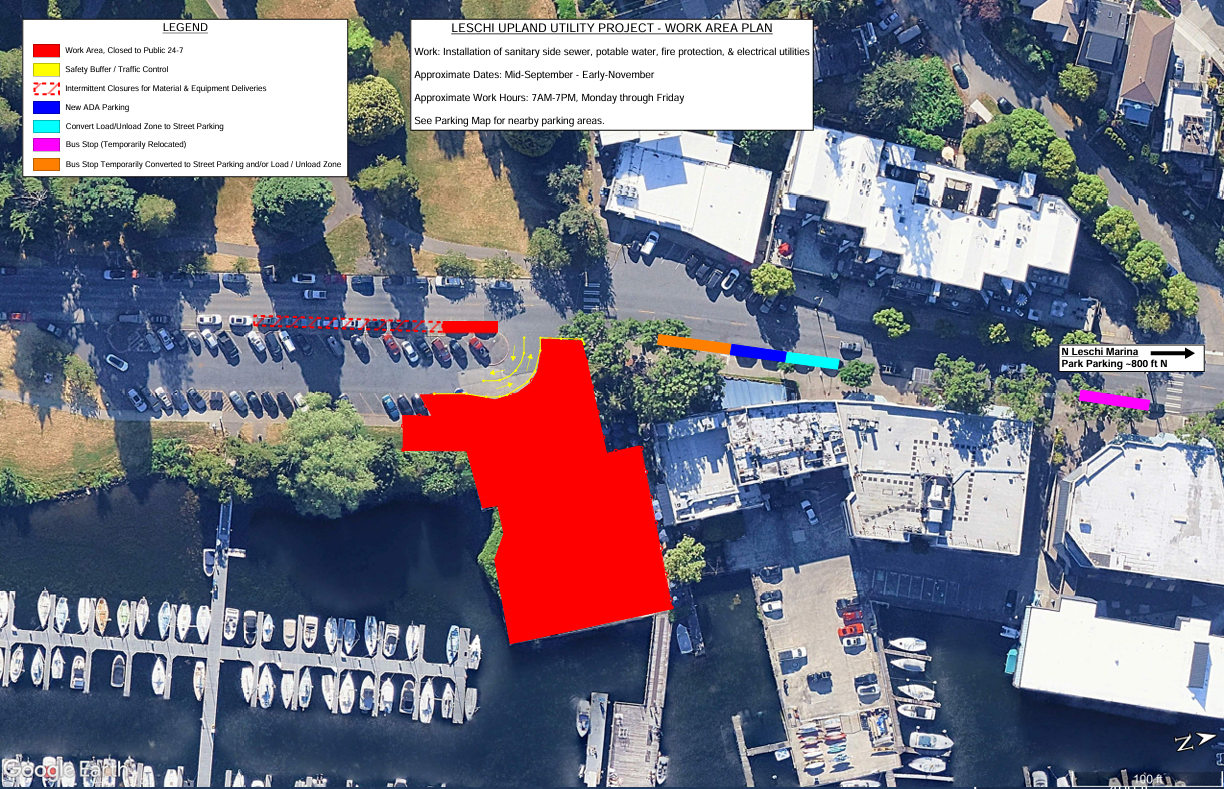 Click or tap to open an ADA accessible PDF in a new frame: Detail map showing construction impacts at Leschi South Marina