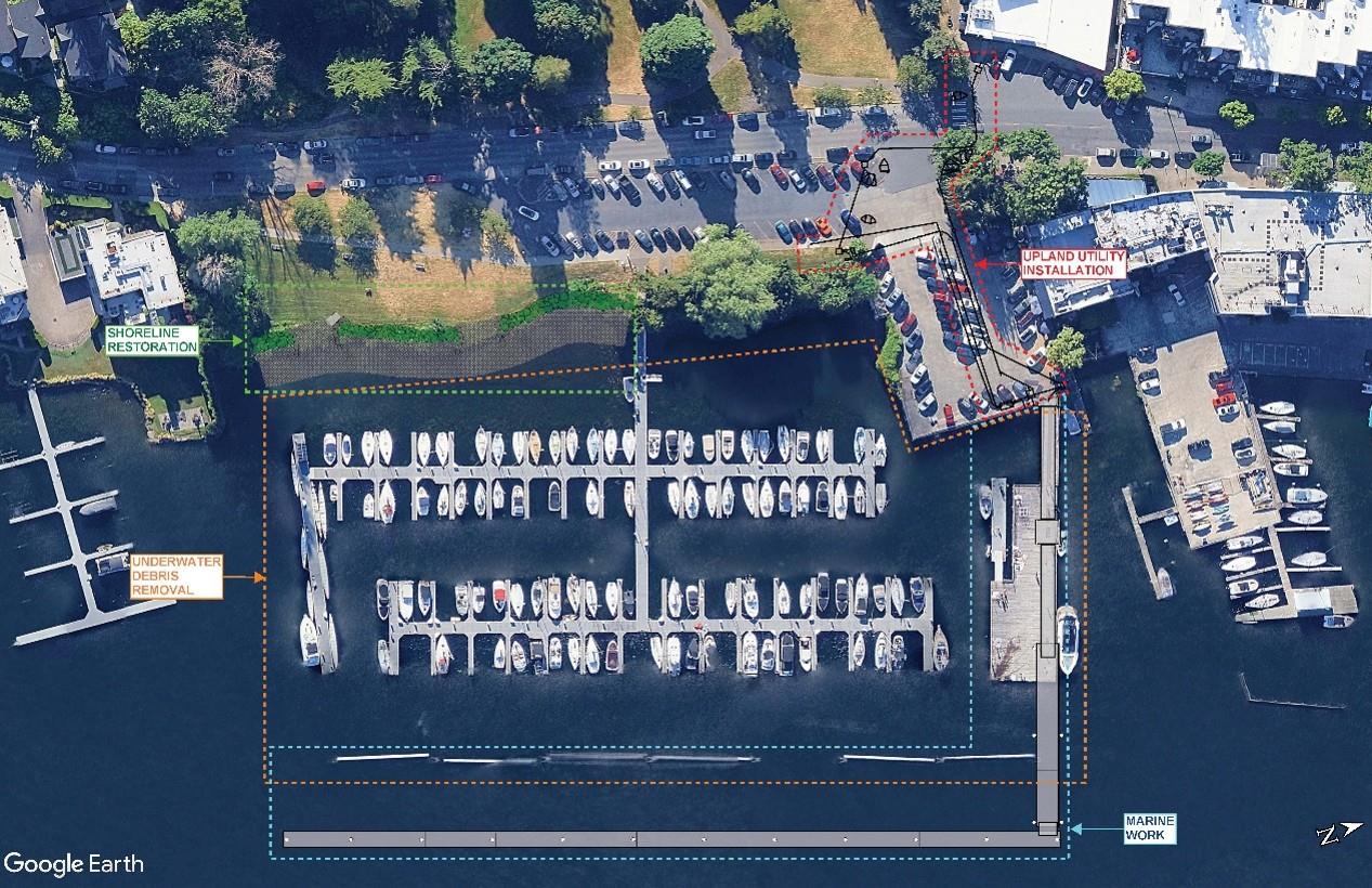 Site map, showing the zones of underwater debris removal, shoreline restoration, and upland utility installation 