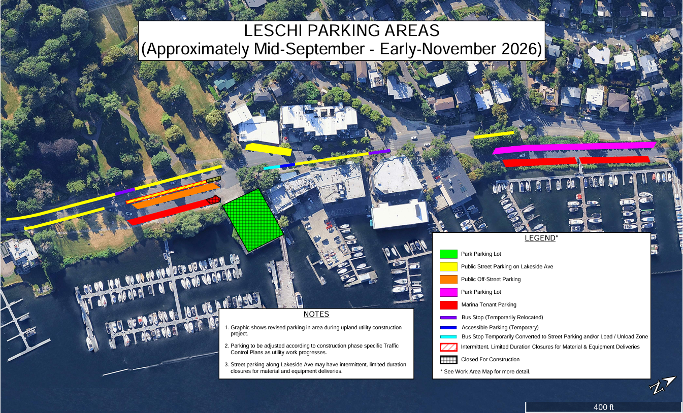 Click or tap to open an ADA accessible PDF in a new frame: Parking map of Leschi Marina during construction, showing total closure of the pier parking at Leschi South Marina, and limited closures of the Marina Tenant and parallel street parking spaces closest to the Leschi South Marina.  No changes to parking in Leschi North.