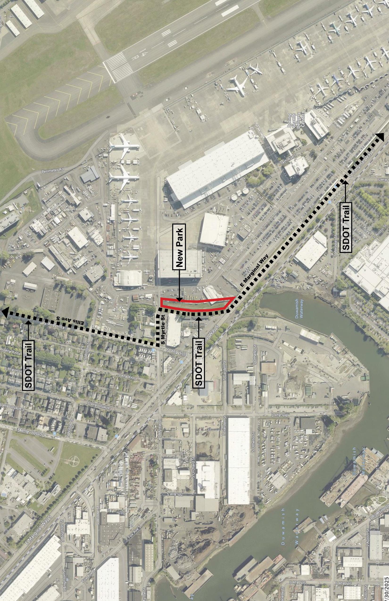 Aerial map showing the Georgetown Off-Leash Area location along E Marginal Way S between S Myrtle Street and E Marginal Way, with the SDOT trail corridor marked in dotted lines running north-south through the Georgetown neighborhood