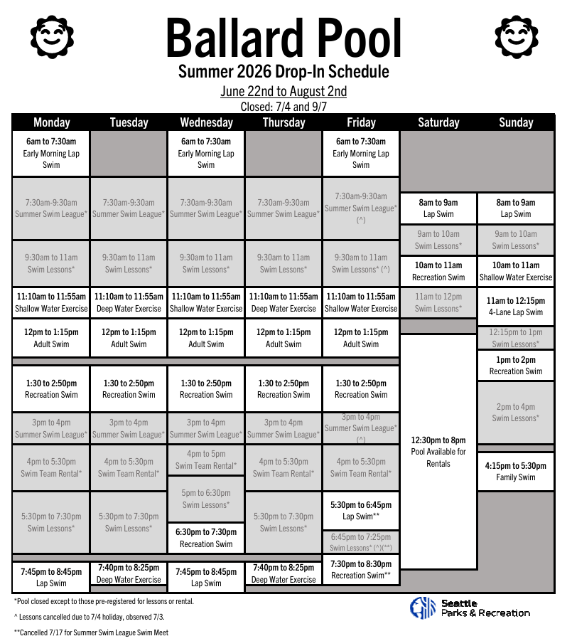 grid containing pool program dates and times 