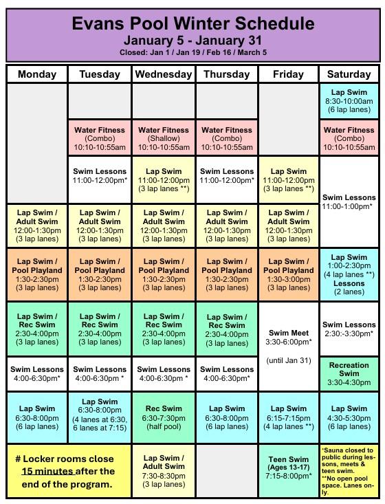 Evans Pool schedule for January 2026. Click or tap to open an ADA compliant printable version in a new window.