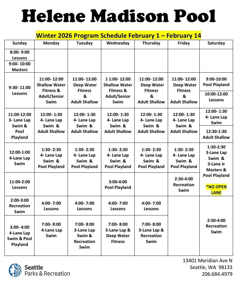 Madison Pool schedule, Feb. 1-14 2026. Click or tap to open an ADA-accessible, printable version in a new window.