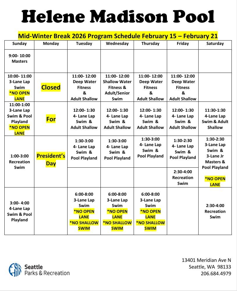 Madison Pool schedule, Feb. 15-21 2026. Click or tap to open an ADA-accessible, printable version in a new window.