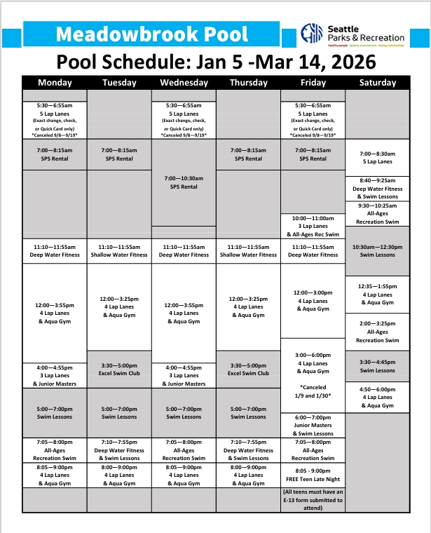 Meadowbrook Pool schedule, Winter 2026. Click or tap to open a printable, ADA-compliant version in a new window