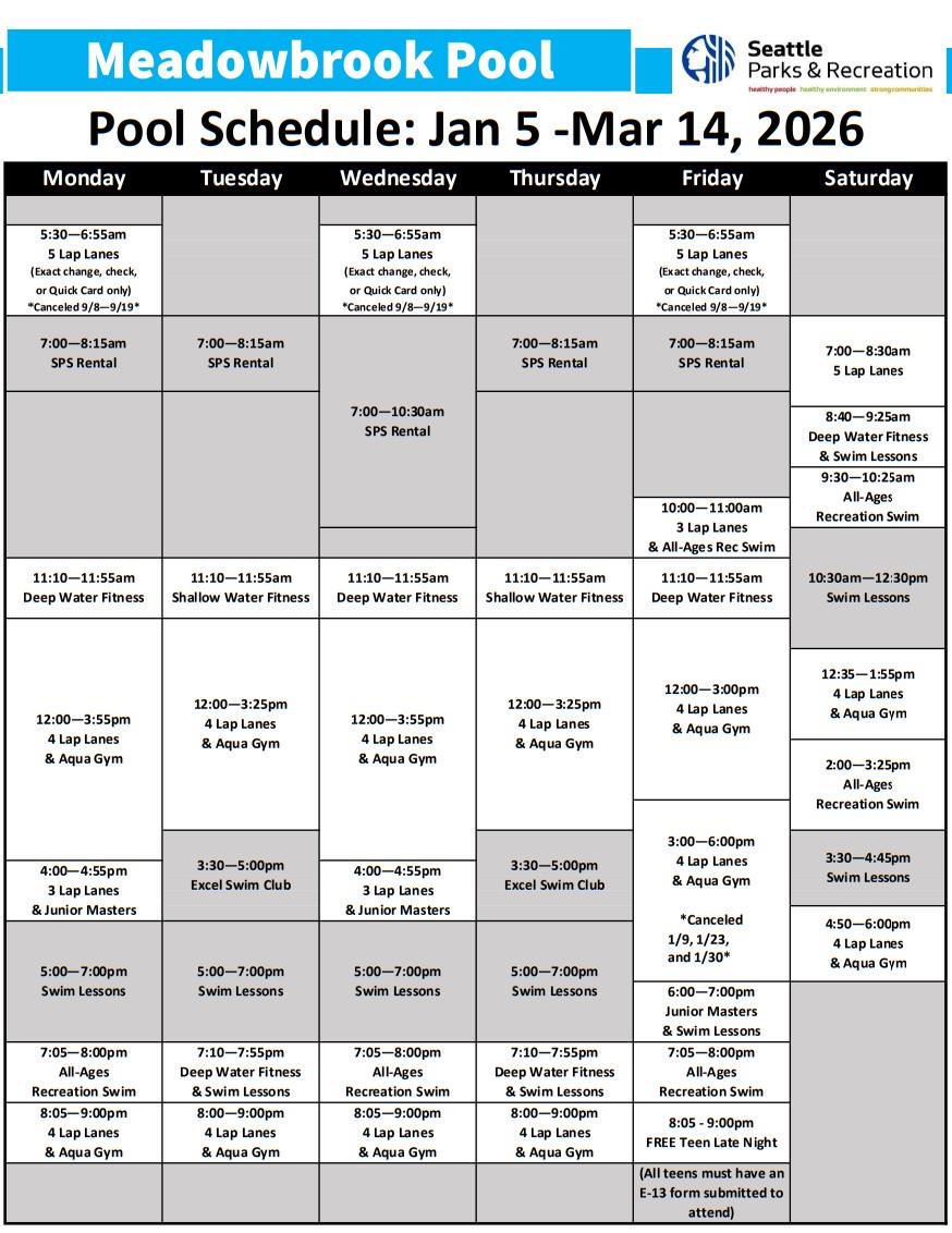 Meadowbrook Pool schedule, Winter 2026. Click or tap to open a printable, ADA-compliant version in a new window