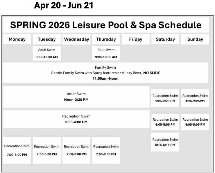 Click or tap to open a new frame with a printable, ADA-accessible PDF of the Rainier Beach Pool Leisure Pool and Spa schedule, Feb. 23 - Apr. 10, 2026