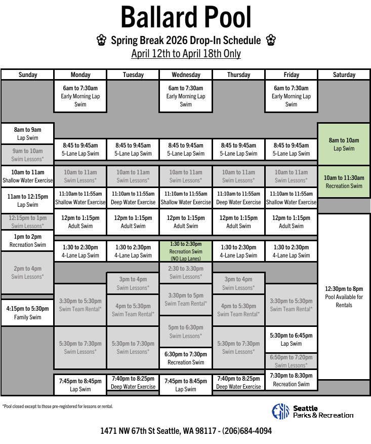 Click or tap to open an ADA-accessible, printable version of the Ballard Pool schedule in a new frame. 