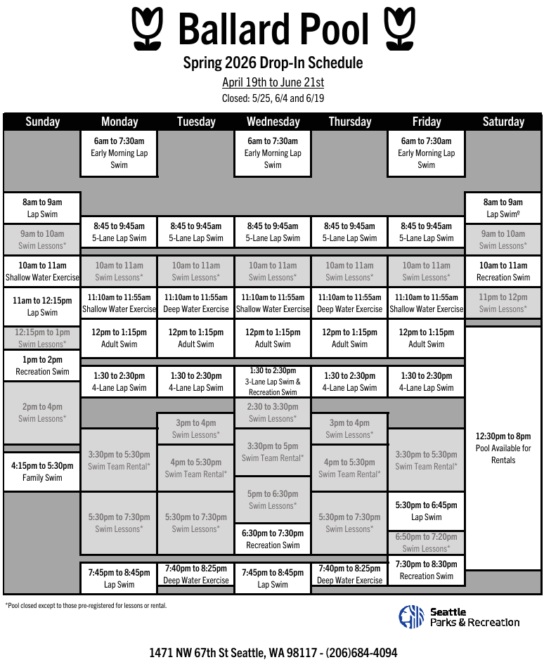 Click or tap to open an ADA-accessible, printable version of the Ballard Pool schedule in a new frame. 