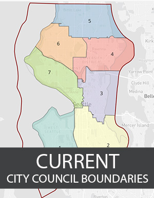 Image of current city council boundaries with Current written in large white letters on a dark gray background