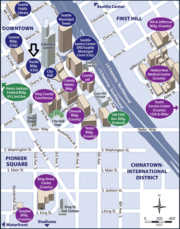 map of downtown Seattle with arrow pointing to SCERS