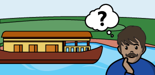 A brown man with a mustache standing next to a floating residence with a question mark in a thought bubble.