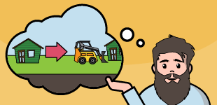 A man with a large beard with a thought bubble with a bulldozer and a house in it.