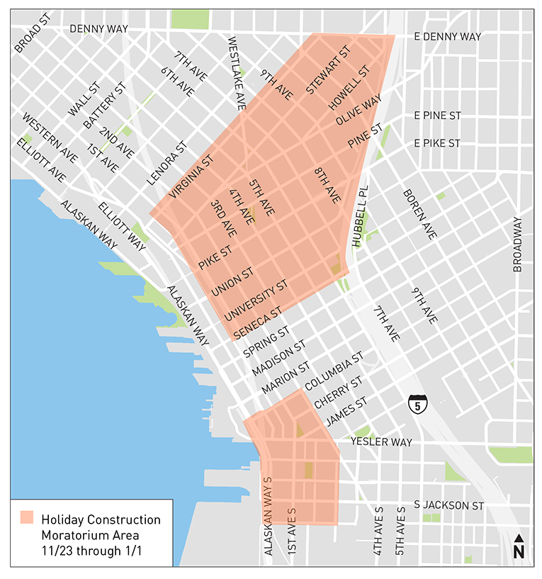A street map showing the area covered by the Downtown Retail Core and Pioneer Square holiday moratorium