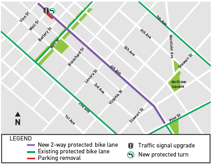Map of protected bike lane from Pine to Vine streets