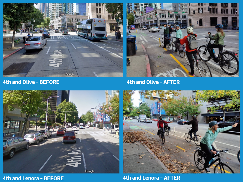 Before and after photos of bike lanes on 4th and Olive, and 4th and Lenora