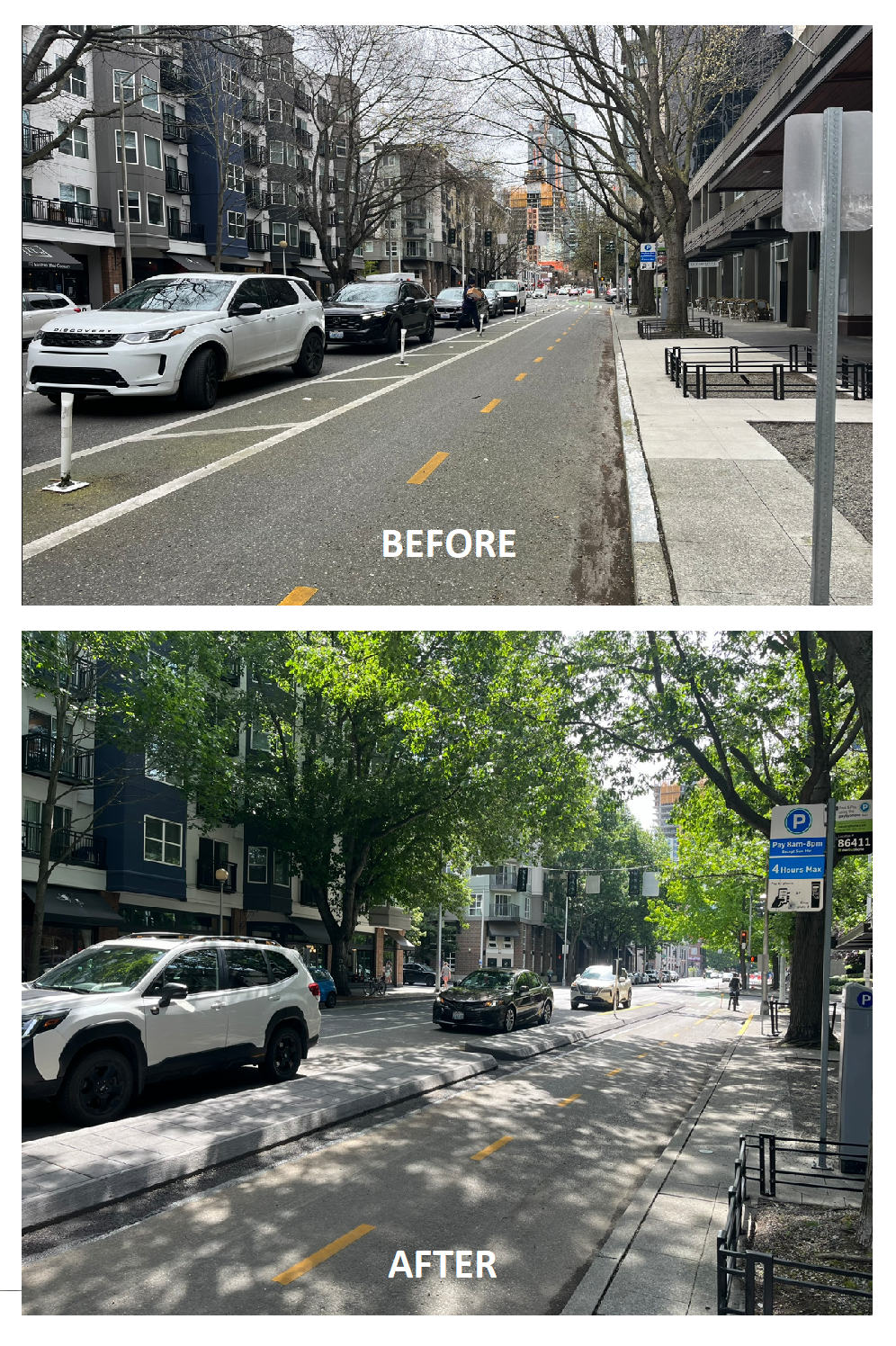 The image is split into two sections. The above section shows the "Before" state, where the bike lane lacks concrete curbs. The below section shows the "After" state, where newly installed concrete curbs clearly separate the road and the bike lane. 
