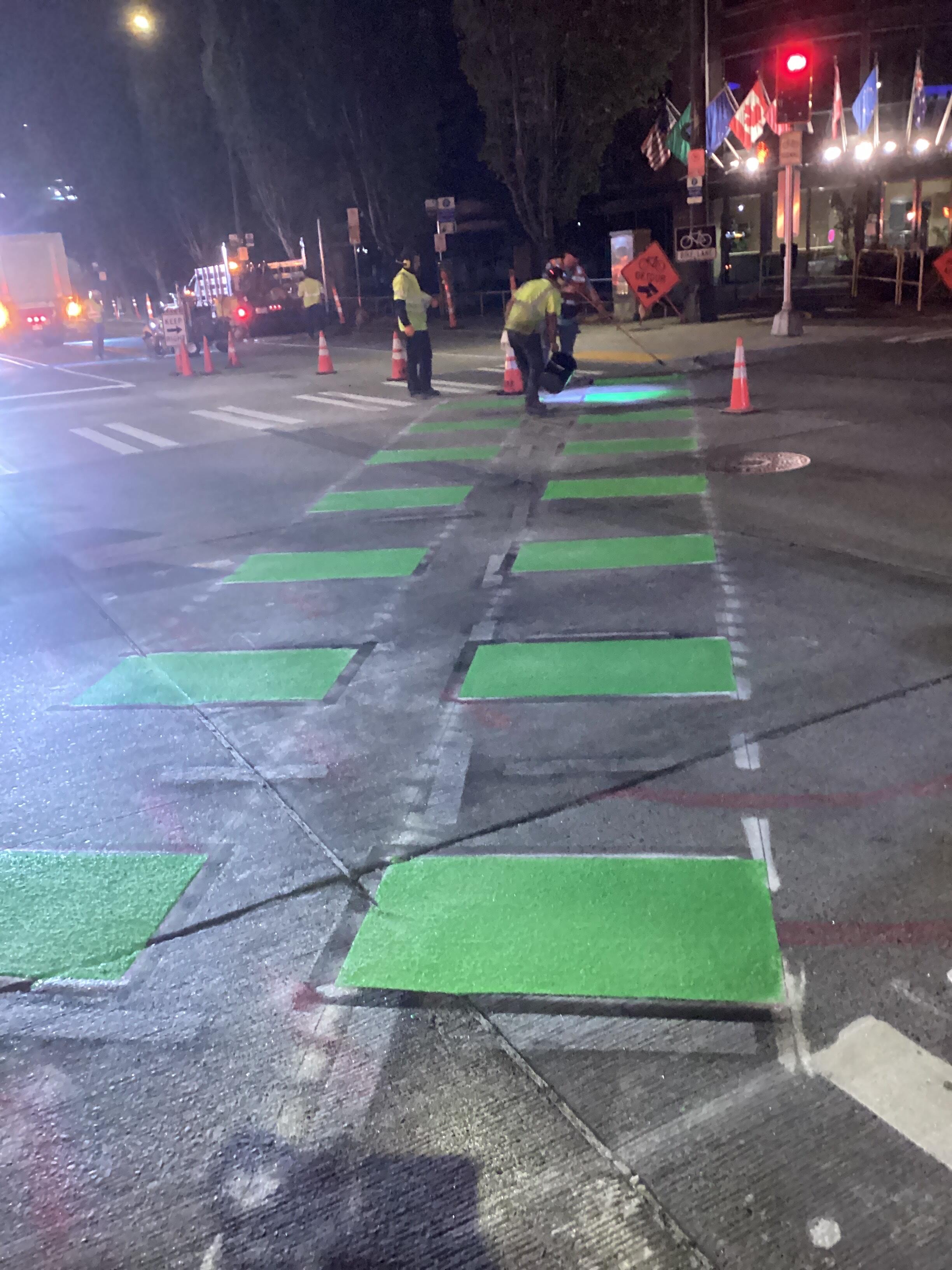 New diagonal bike crossing installation at Alaskan Way and Blanchard St.