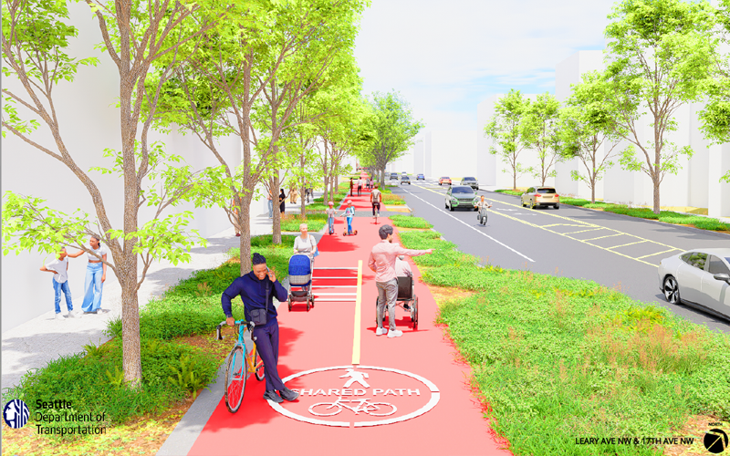 New "Missing Link" trail standing on Leary Way NW and 20th Ave NW looking north on Leary Way W&nbsp;&nbsp;&nbsp;