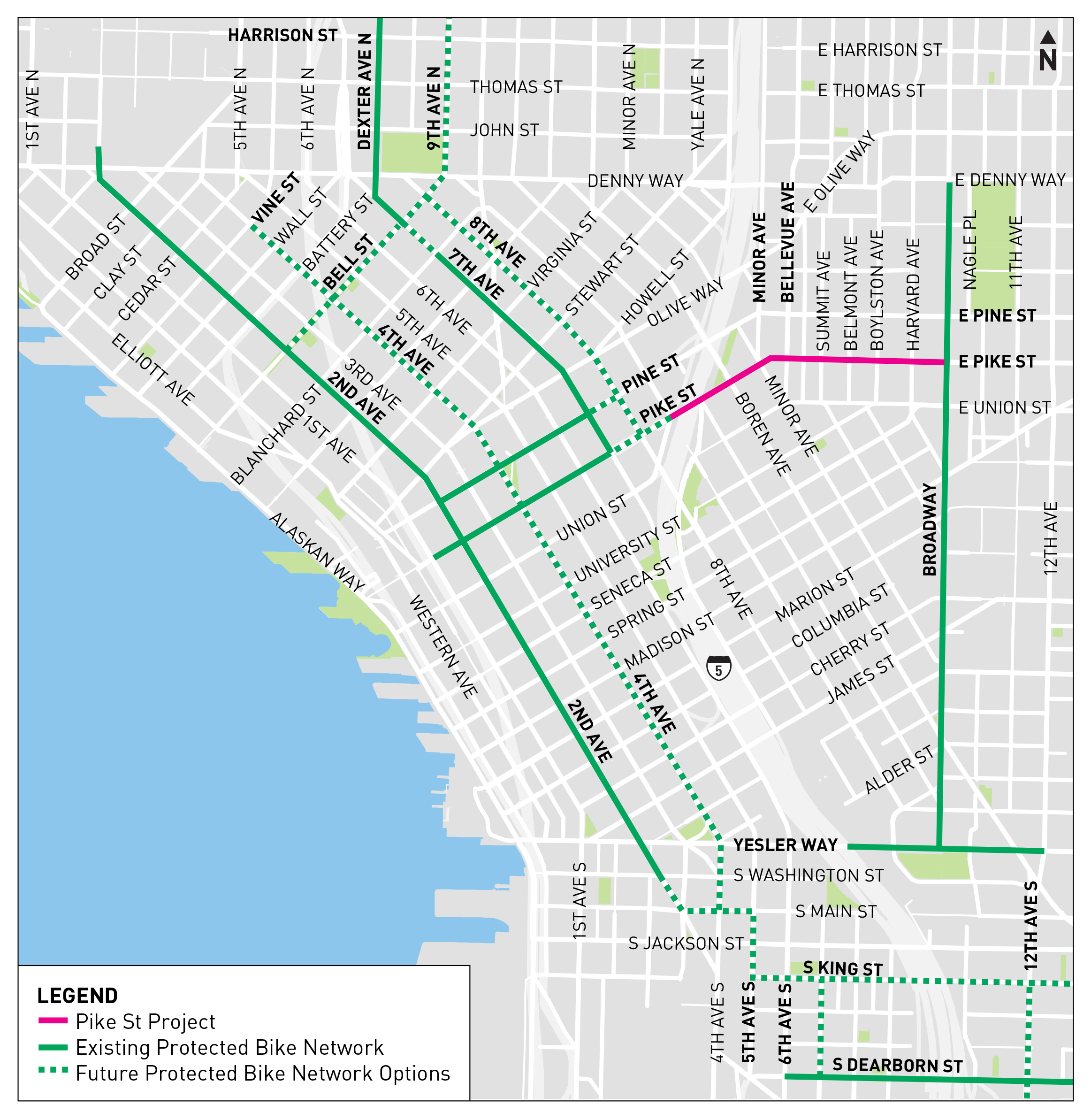 Context map showing Pike St Mobility Improvements project in relation to other Center City Bike Network projects
