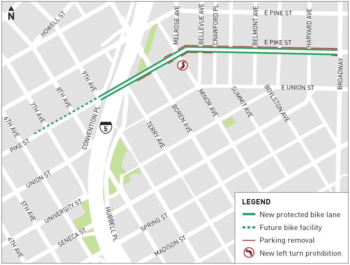 Map of Pike St Mobility Improvements project from 9th Ave to Braodway
