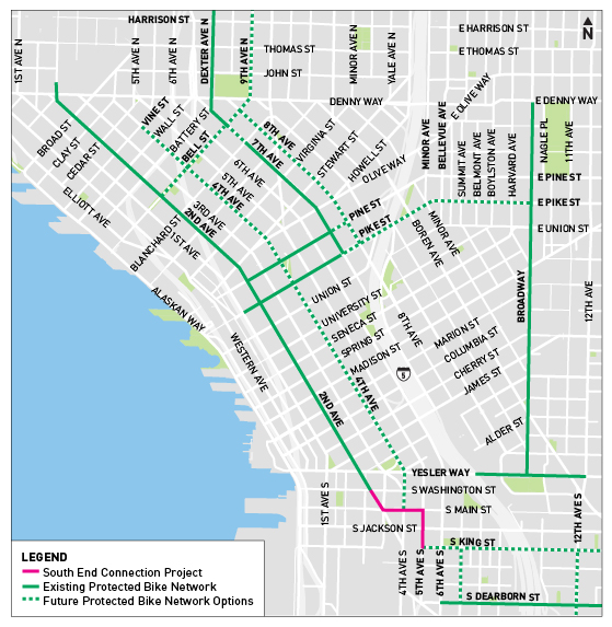 Context map showing Sound End Connection Mobility Improvements project in relation to other Center City Bike Network projects