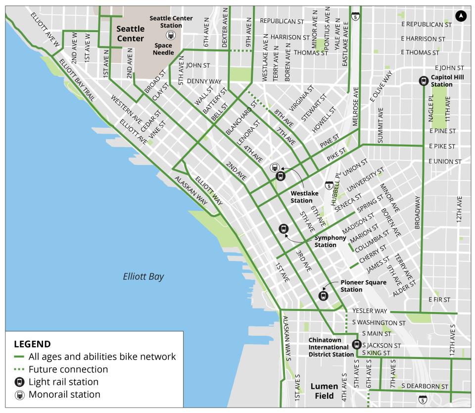 A map showing competed bike routes in downtown Seattle.