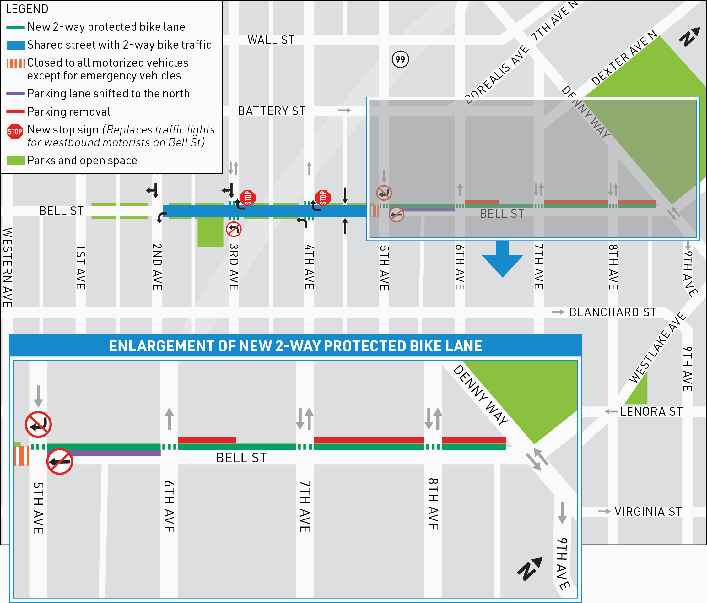 Map of proposed protected bike lane on Bell St