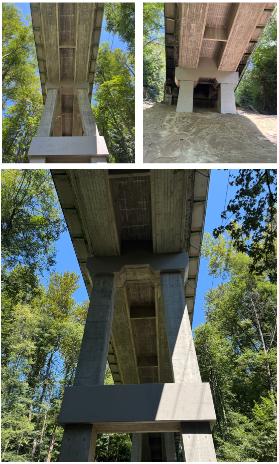 (Three views of the 15th Ave NE/NE 105th St Bridge. Top left: a close-up from the underside of the bridge showing the middle and top crossbeams. Top right: the underside of the bridge showing the top crossbeam and the area around it. Bottom: the underside of the bridge showing two tall, vertical columns connected by concrete crossbeams.)