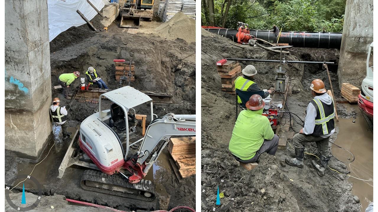 Two construction site photos showing workers performing micropile testing beneath a bridge. In both images, crews operate small excavation equipment and testing machinery surrounded by wet soil and concrete supports.