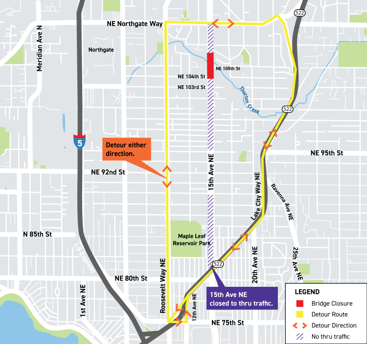 Detour map showing upcoming closure of 15th Ave NE at NE 105th St and alternate routes for thru traffic.&nbsp;