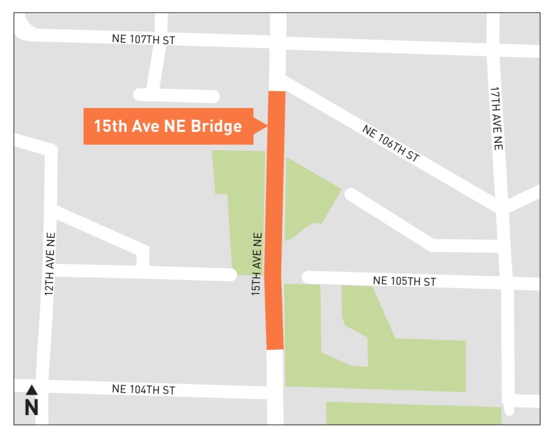Project map showing project area on 15th Ave NE Bridge between NE 106th St and NE 104th St.