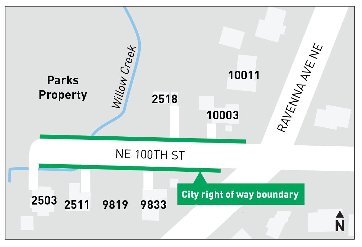 A graphic map showing the city right of way on NE 100th street as it extends over Willow Creek