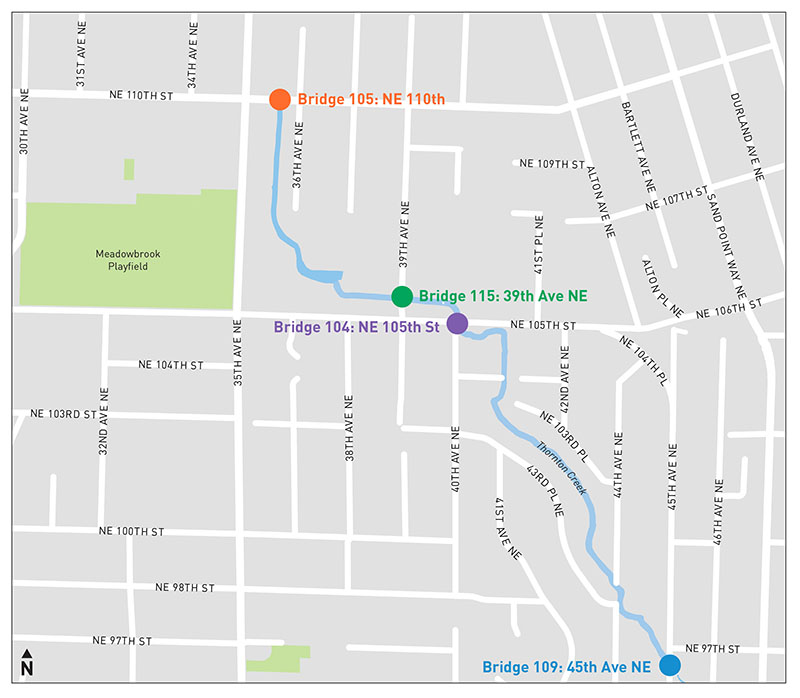 Map showing thornton creek and the four bridge locations