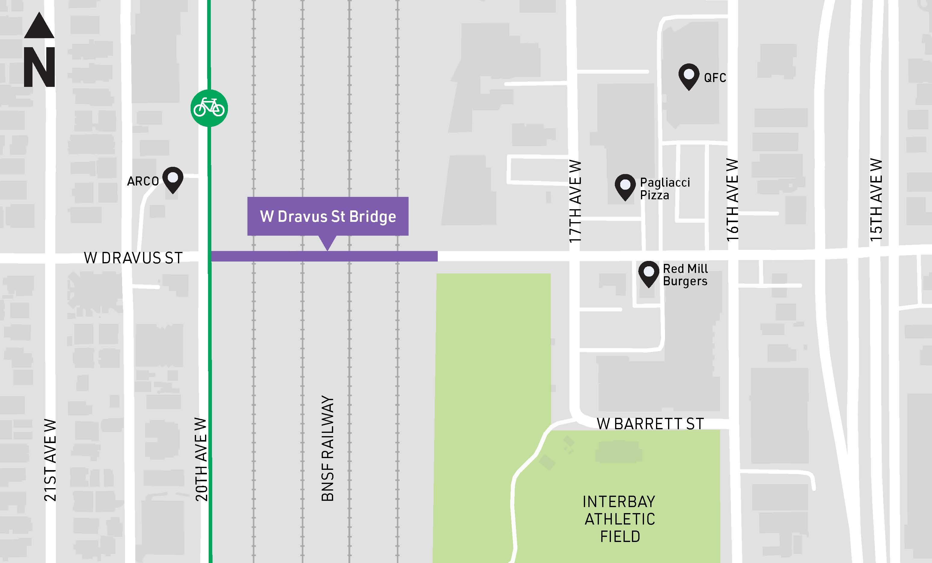 A map of the project area highlighting the section of W Dravus St over the railway.