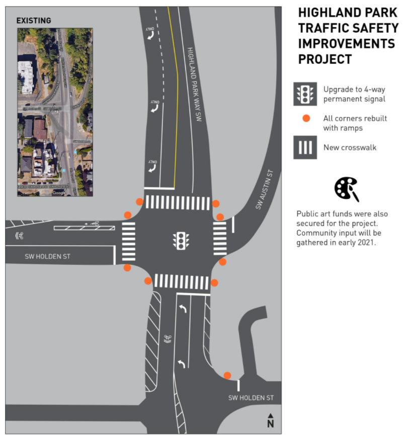 Map of Highland Park Way SW and SW Holden Street intersection that shows new crosswalks at all four crossings, an upgraded 4-way permanent traffic signal, and upgraded curb ramps and curb bulbs at all four corners of the intersection.