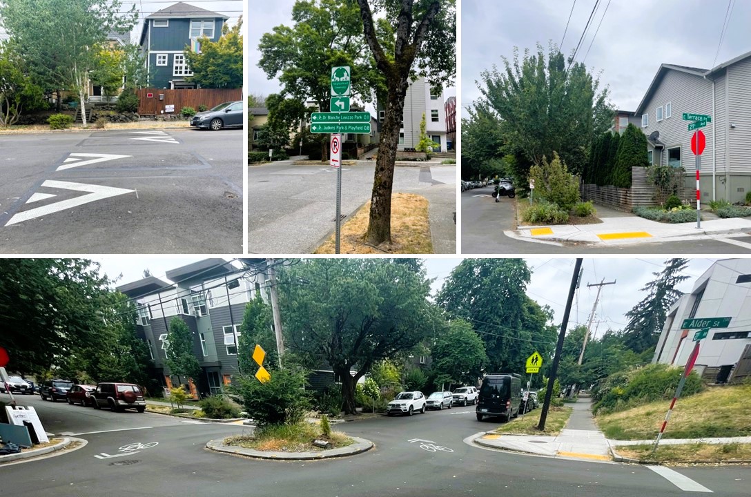 Collage showing recent updates along the Neighborhoood Greenway including new curb bulbs, speed humps, and wayfinding signage