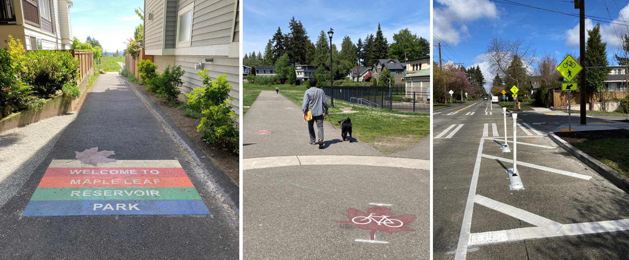 Photo collage showing new pavement welcome sign into park, maple leaf symbols in the park, and completed curb ramps and painted bulb at 15th Ave Ne & NE 82nd St