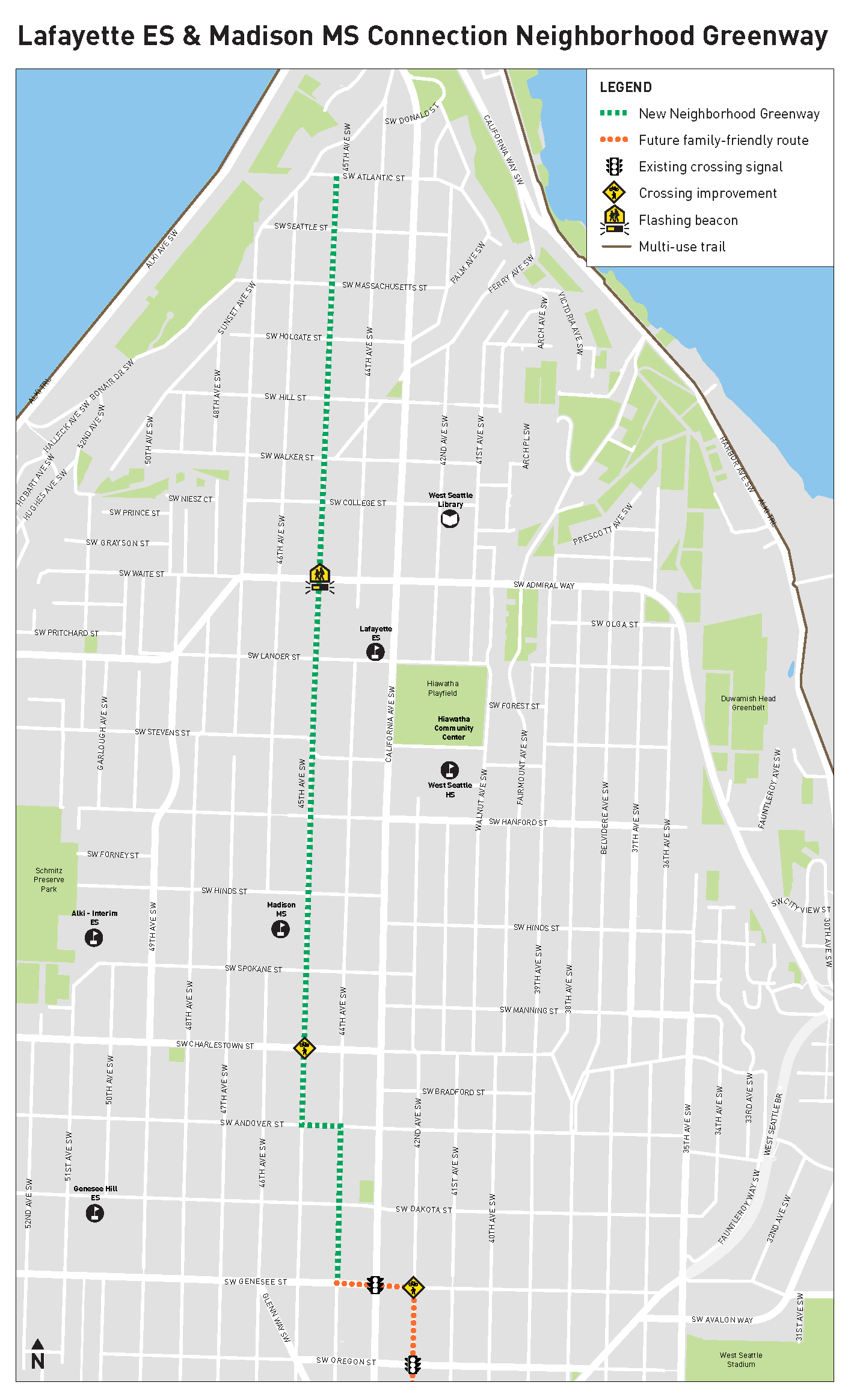 Project Area Map for Wing Luke Elementary Neighborhood Greenway extension northward to New Holly and the Chief Sealth Trail