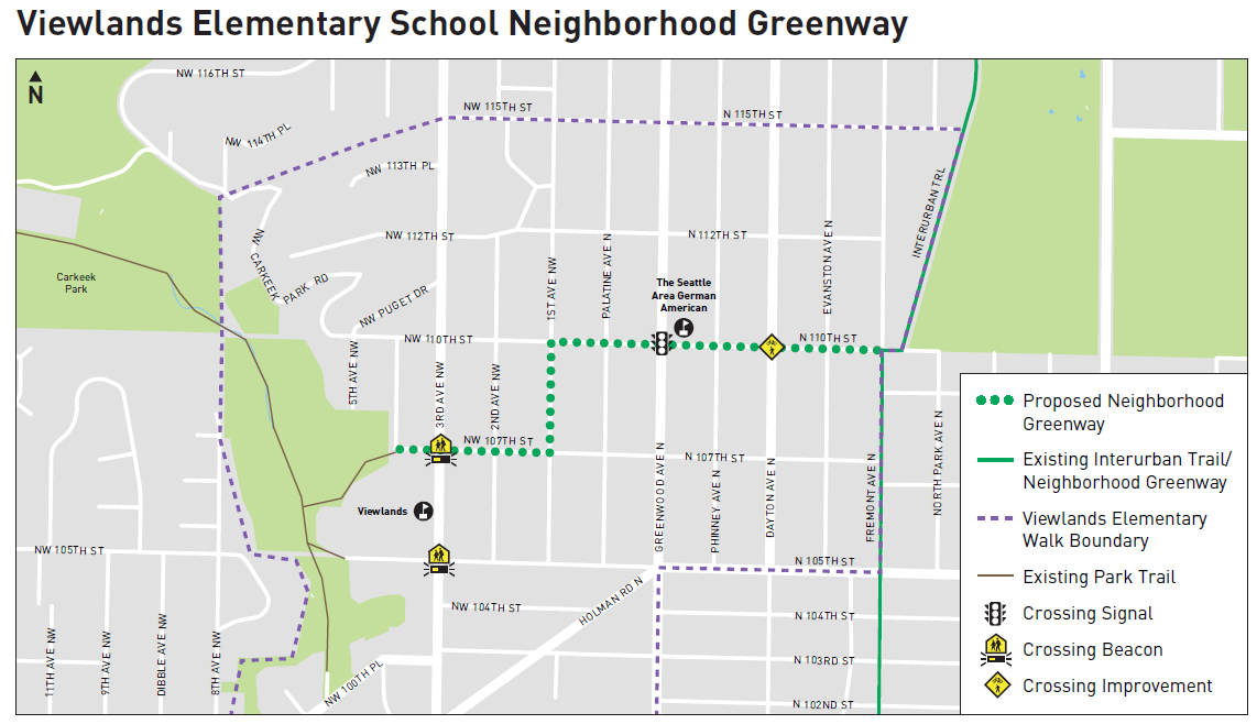 A map of the proposed route that starts at Viewlands Elementary, runs on NW 107th St, turns onto 1st Ave NW, then follows N 110th St to the Interurban Trail