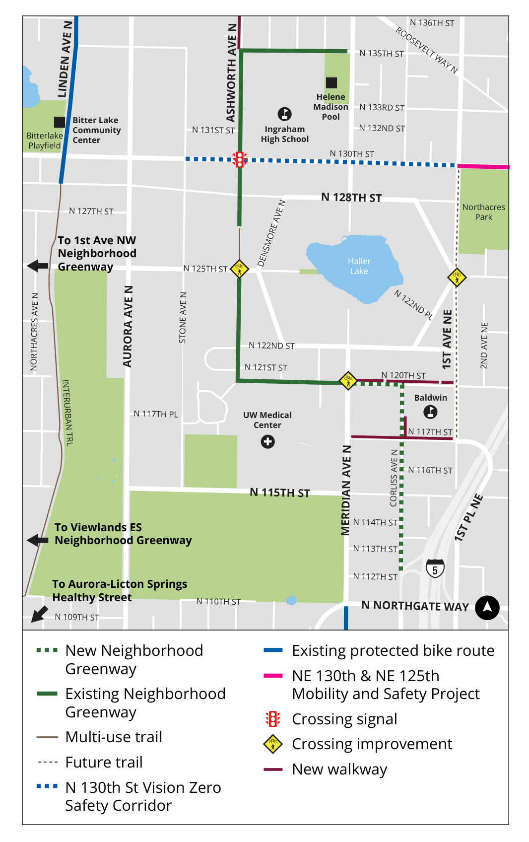 A map showing the Greenway route from Northgate Elementary School and Ingraham High School along Corliss Ave N to N 120th St to Ashworth Ave N