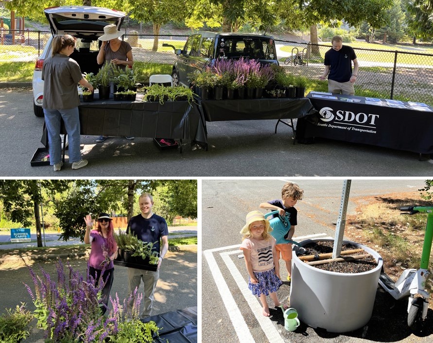 Collage of photos showing plants ready for pickup, smiling neighbors with flowers, and young neighbors planting in the base of one of the signs