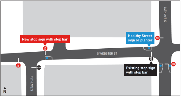 Map showing the safety enhancements at S Webster St and 46th Ave