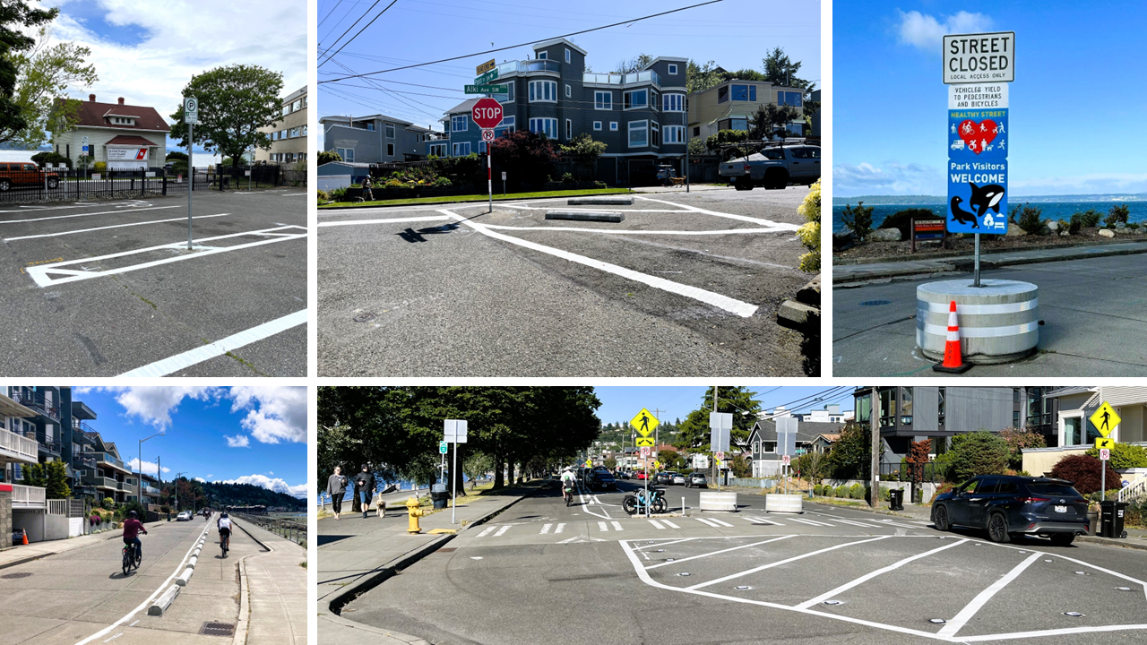 Collage of photos showing new welcome signage, wheel stops marking the new shared walking/rolling space, and the new paint-and-post cul de sac entry.