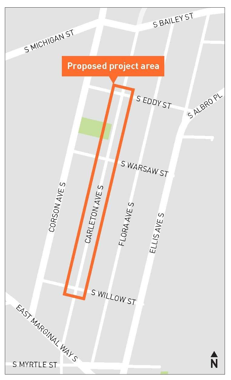 Map with an orange rectangle around Carleton Ave S, between S Eddy St and S Willow St labeled "proposed project area"