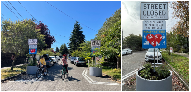 Collage of two bicyclists riding past a Healthy Street entrance with planters and signs and an up-close view of a Healthy Street sign and planter