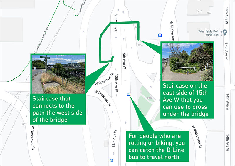 map showing photos of the staircase that connects to the path of the west side of the bridge, staircase on the east that you can use to cross under the bridge. 