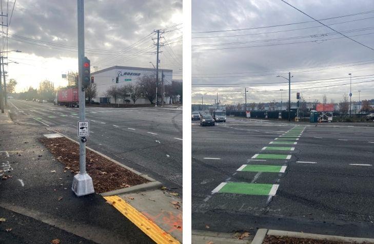 Collage shows two images, one of signal push button and one of the bike lane and bike signal.
