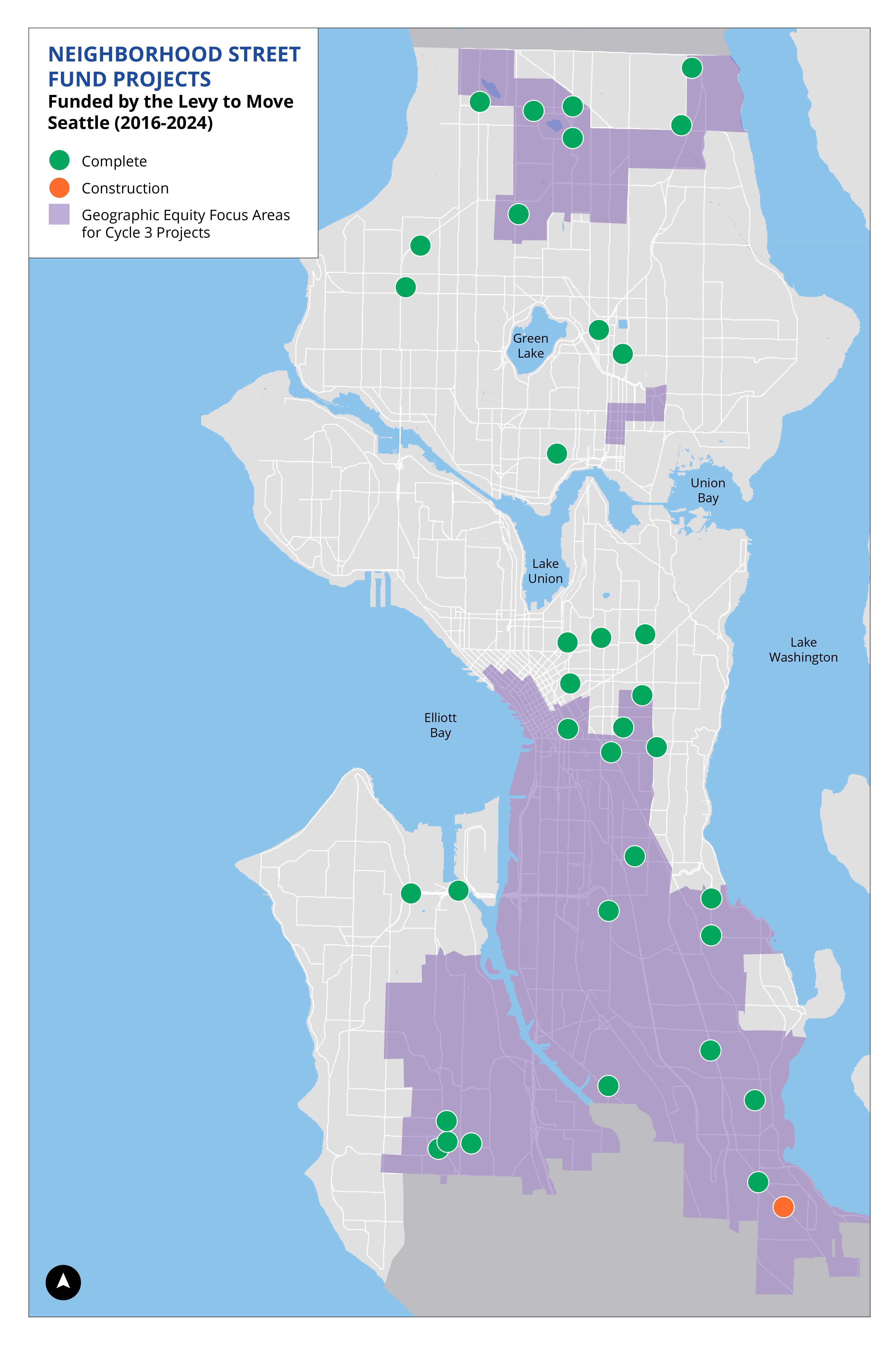 Map graphic shows green and orange dots depicting which Neighborhood Street Fund projects are complete and in construction.